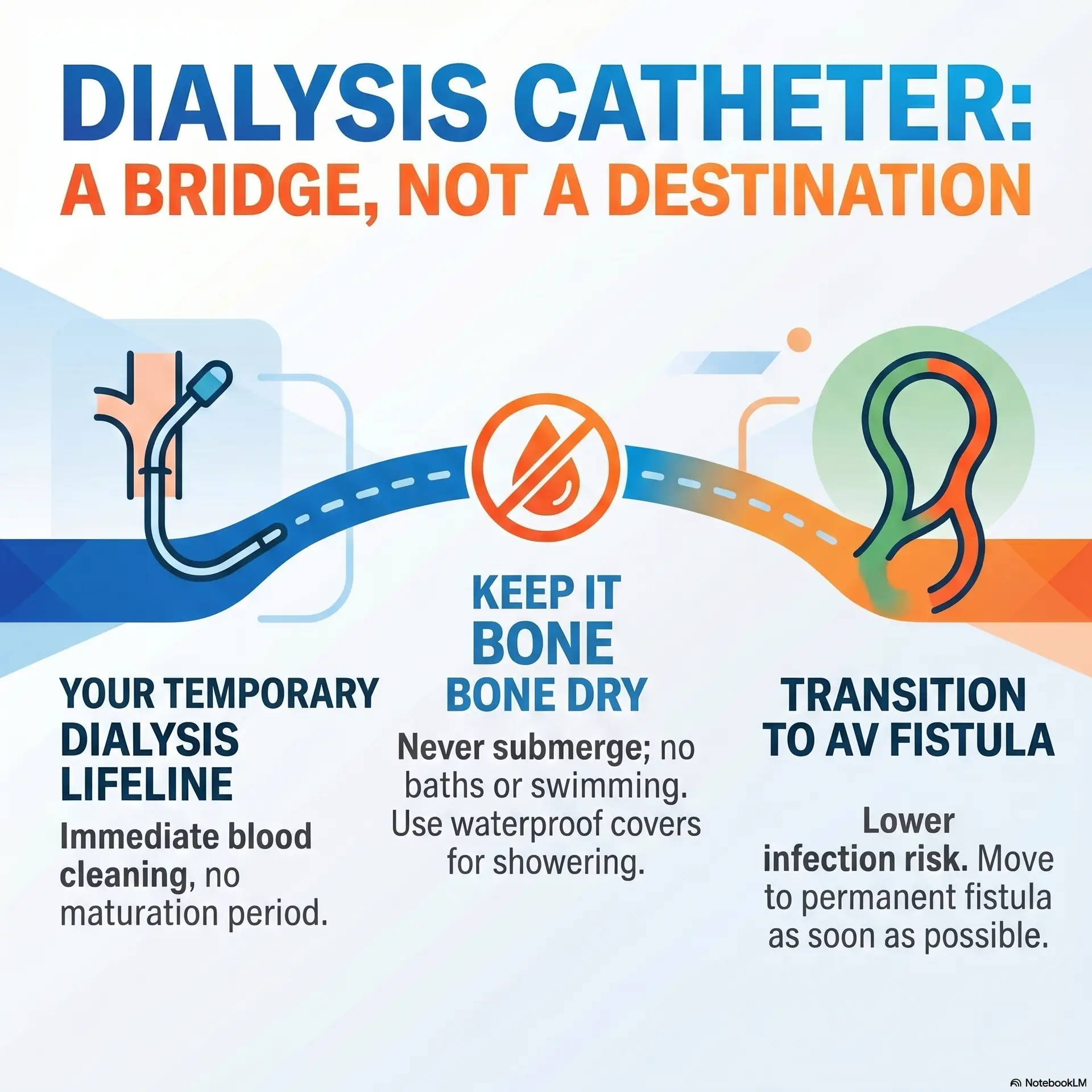 Dialysis catheter care guide showing daily maintenance steps, infection warning signs, and transition to AV fistula for long-term dialysis access
