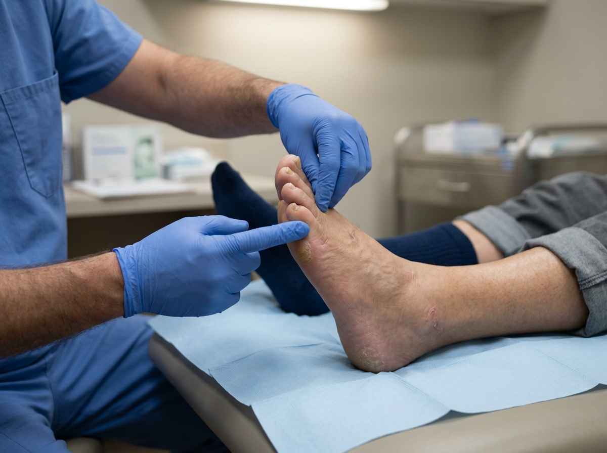 Medical professional in blue gloves inspecting a patient's foot with dry skin and calluses