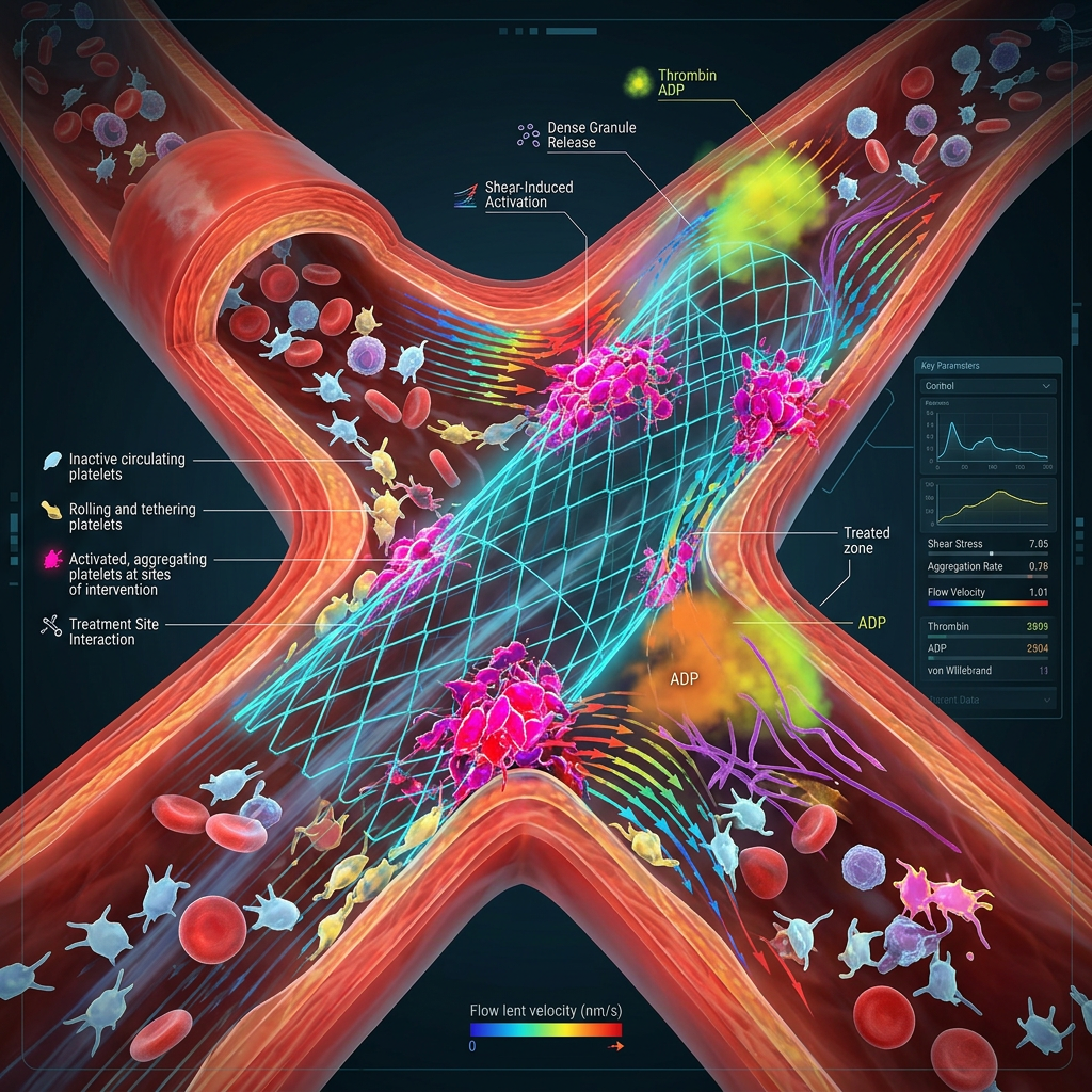 Diagram of platelet activation, aggregation, and treatment under blood flow